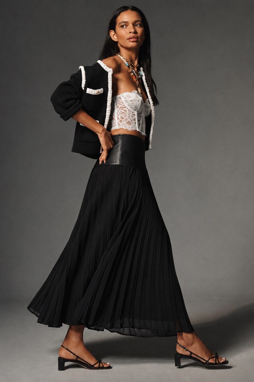 By Anthropologie Black Maxi Skirt 16 Faux Leather Yoke Goth Sheer Flowy